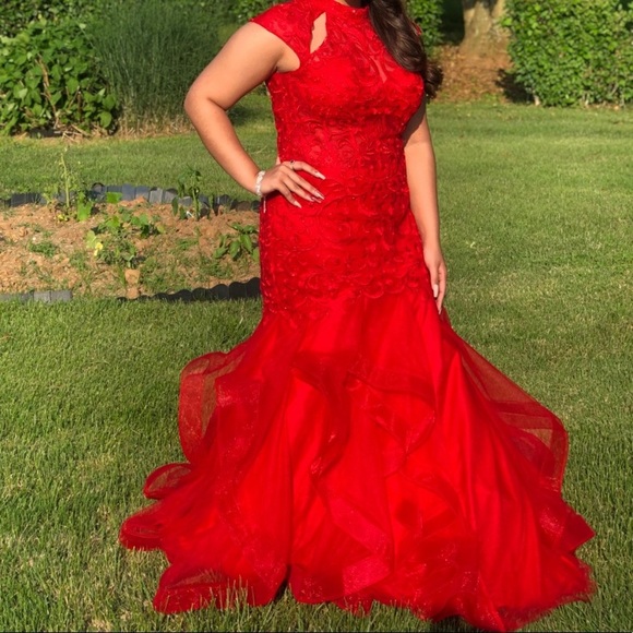 red embroidered prom dress